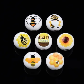 200pcs Bites Tēma Iespiesti Koka Krelles bumble Saulespuķu medus bišu Medus JarGnome Modelis Apaļas Pērles rotaslietas pieņemšanas Dekori