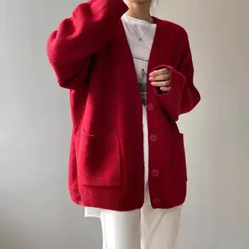 2023 Jaunu Modes korejas Slinks Stila Trikotāžas Jaka Sieviešu Cietā Gadījuma Džemperi Jacker Rudens Ziemas Kabatas ar garām Piedurknēm Mētelis