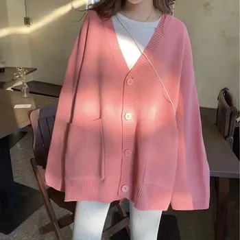 2023 Jaunu Modes korejas Slinks Stila Trikotāžas Jaka Sieviešu Cietā Gadījuma Džemperi Jacker Rudens Ziemas Kabatas ar garām Piedurknēm Mētelis