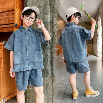 2023 Pavasara Modes Jauns korejiešu Stilā Bērniem Zēnu Džinsa Apģērbu Komplekts Bērnu Modes Gadījuma, 2 gab. komplekts krekls +šorti Uzstādīt 2-8 gadiem