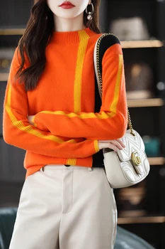2023 Rudens/Ziemas Jauno Sieviešu Modes Pusi Augsta Apkakle Vertikālo Līniju Kontrastu Trikotāžas Džemperis 100% Vilnas Džemperis Gadījuma