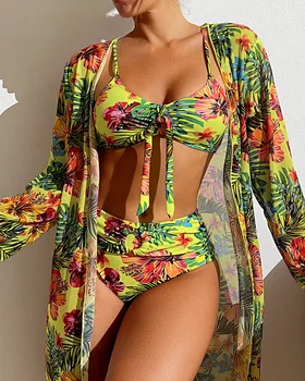 3PCS Tropu Drukāt Saistīts Detaļu Bikini Komplekts Ar Vāciņu uz Augšu Sievietes Sexy Vasaras Peldkostīmi, Peldēšanas Apģērbs, Tērps