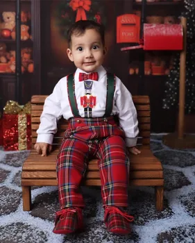 Baby Boy Uzstādīt Rudens Ziemas Sarkana Pleds Kombinezonus Izšuvumi Vintage Ziemassvētku Eid Cēloniskā