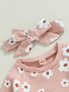 Baby Girl 3-Gabals Ietilpst Apģērbs Ziedu Drukāt garām Piedurknēm Top Gadījuma Bikses Priekšgala Galvu - Glītu Apģērbu Komplekts Zīdaiņiem