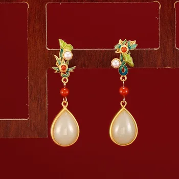 Chinoiserie Stilā Vintage Pērles Hotan Jade Emaljas Dienvidu Red Ūdens Piliens Auskari Sievietēm Puses Cheongsam Dāvanu Draudzeni