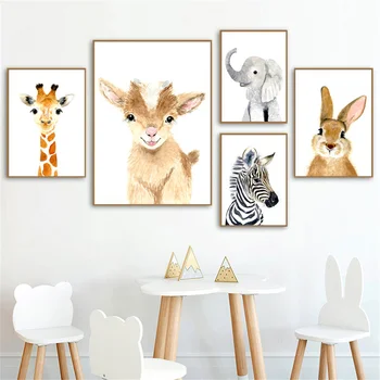 Cute Baby Dzīvnieku Sienas Plakātu un Mākslas Izdrukas, Akvarelis, Dzīvniekiem Kanvas Glezna Ziemeļvalstu Zebra Žirafe Bildes, par Kazlēnu, Istabas Dekori