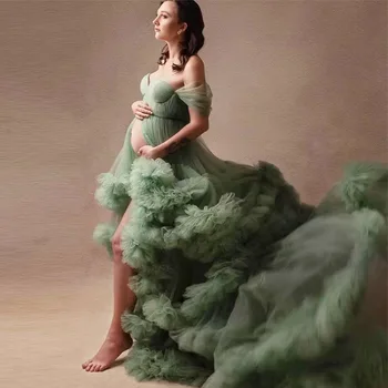 Demure Tilla Ilgu Maternitātes Kleita Uz Foto Atvašu Mīkstu Ruffles, Daudzpakāpju Acs Maternitātes Tērpi Baby Dušas Grūtniecības drēbes