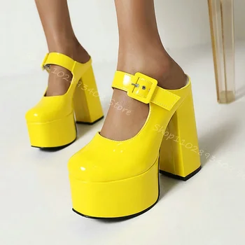 Dzeltena Platforma Jostas Sprādzes Sūkņi Slingback Sekla Lakādas Chunky Augstpapēžu Kurpes Sieviešu Vasaras Mary Jane Kurpes Zapatos Para Mujere