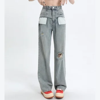 Džinsi Sievietēm ar Augstu Vidukļa Vintage Amerikāņu Modes Y2K Streetwear Plaša Kāju Jean Sieviešu Bikšu Taisni Baggy Džinsa Bikses