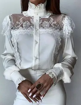 Elegants Sieviešu Topi Rudens 2023 Modes Braukā Balts Augstas Kaklu Sieta Mežģīņu Izšūšanas Pogu, Koka Auss garām Piedurknēm Krekls Topi