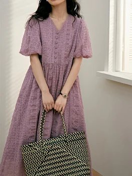 Franču Elegants Puff Īsām Piedurknēm Midi Kleitas Sievietēm 2023 Vasaras Gadījuma Zaudēt Violeta Svētku Kleita Modes Sieviešu Apģērbs