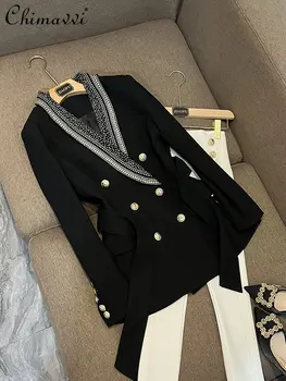 Gadījuma Mētelis Sievietēm 2023 Pavasara Apģērbu, Jaunu Vieglo Luksusa Black Profilu garām Piedurknēm Mežģīnes-up Temperaments Biroja Dāma Uzvalks Jaka