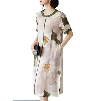 Jaunu šifona Kleita Gadījuma Drukāt Vasaras Puķes Sieviešu Kokvilnas Vintage O-veida kakla Kleitas Modes Sieviešu Apģērbs