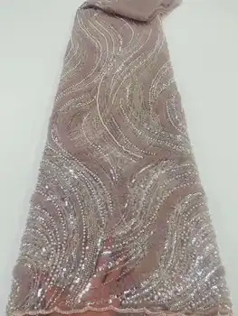 Jaunākās 3D Fāzēm Auduma Crtystal Sequin ar Pērlītēm Izšuvumu franču Acs Dzijas Āfrikas Mežģīnes Vakara kleitas.Kāzas Puse