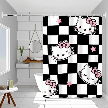 Kawaii Sanrios Hello Kitty Multfilmas Dušas Aizkari Melnā un Baltā Priekškara Ūdensnecaurlaidīgs Poliestera Vannas Aizkaru ar Āķi Dāvanu