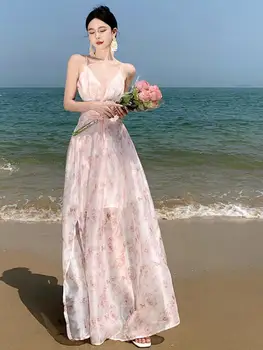 Korejiešu Versiju Vasaras 2023 V-veida kakla Retro Drukāt Backless Zeķu Svārki Sieviešu Pludmales Elegants Sexy Svārki Puse Pasaku Kleita
