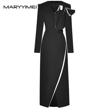 MARYYIMEI Modes Dizaineru Rudens Sieviešu kleita Long piedurknēm Loku Slim Paketi hip Elegants Piepilsētas Sadalīt Kleitas