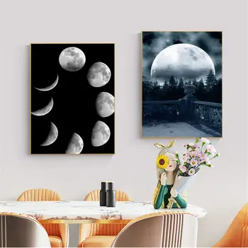 Melna Balta Mēness pašlīmējošas Mākslas Plakātu Decoracion Krāsošana Sienas, Mākslas Balta Kraft Papīra Plakāti, Sienas Uzlīmes