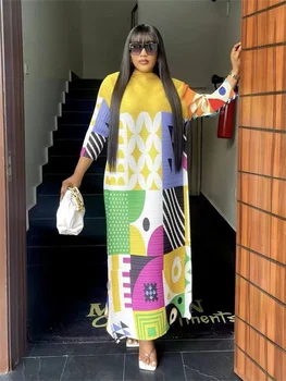 Miyake Kroku Drukas Kleita Krāsu Kontrastu ar garām Piedurknēm Atviegloti Sieviešu Garās Gadījuma Puse Kleitas no 2023 Vasaras Jaunā Modes