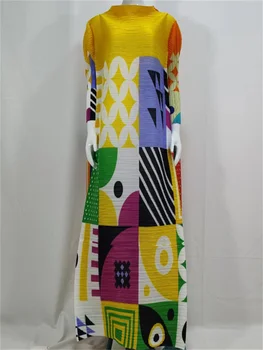 Miyake Kroku Drukas Kleita Krāsu Kontrastu ar garām Piedurknēm Atviegloti Sieviešu Garās Gadījuma Puse Kleitas no 2023 Vasaras Jaunā Modes