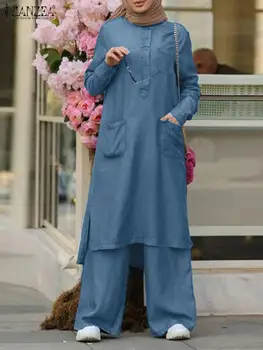Modes Džinsa Kostīms ZANZEA Musulmaņu 2-gabals Komplekti Džinsa Zila Gara Blūze & Plaša Kāju Bikses, Treniņtērpi Vintage Zaudēt atbilstības Komplekti