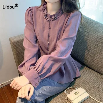 Modes Šiks Savienoti Apaļu Kakla Blūze Sieviešu Apģērbs Pavasara 2023 korejas tīrtoņa Krāsu garām Piedurknēm Slim Pogu Sieviešu Krekls