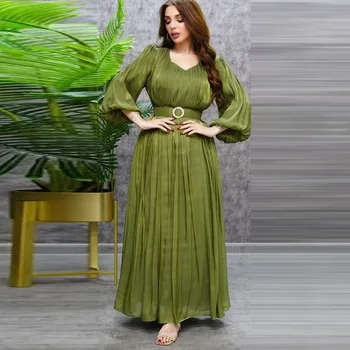 MQ047 Tuvo Austrumu Sieviešu Pieticīgs Modes Musulmaņu Mirdzēt Satīna Kleita ar Metāla Jostu Dubaija Drēbes Musulmaņu Kleitas