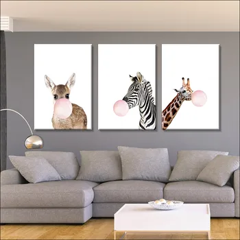 Mūsdienu bez rāmīša Gleznu Audekla Gleznas ar Kadriem, Dzīvnieku Plakāti, kas Pūš Balonus, Vienkārši un Svaigi Zebra Žirafe Drukāšana,