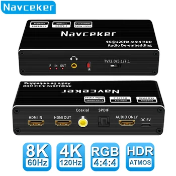 Navceker 8K 60Hz HDMI Audio Extractor 120Hz, 4K RGB 4:4:4 HDMI 2.1 Audio Splitter Converter 7.1 Dolby Atmos De-iegultu par PS5 XBox