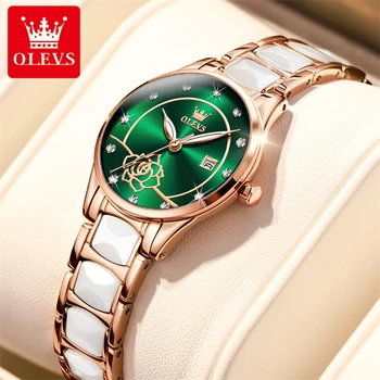 OLEVS Zīmolu Modes Green Dial Luksusa Keramikas Kvarca Skatīties Dāmas Ūdensnecaurlaidīgs Gaismas Rokās Sieviešu Kleita Pulksteņi Reloj Mujer