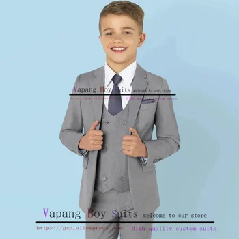 Pelēka Zēnu Uzvalks Jaka Elsas Veste 3 Gabals Divreiz Krūtīm, Kāzu Uzvalku Modes Bērni Žakete Formālās Drēbes