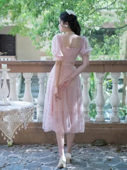 Romantiski Rozā Acs Pasaku Kleita Vasaras Vintage Izšuvumi Sirds Formas Puff Piedurknēm Salds Princese Kleitas Puse Nakts Drēbes Roze