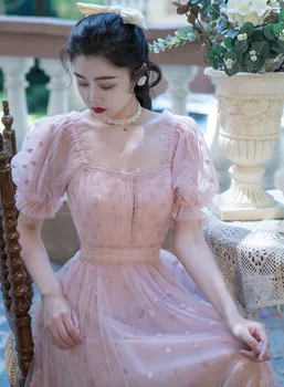Romantiski Rozā Acs Pasaku Kleita Vasaras Vintage Izšuvumi Sirds Formas Puff Piedurknēm Salds Princese Kleitas Puse Nakts Drēbes Roze