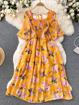 Sievietes Kleitu Modes Romantisku Ziedu Drukāt Šifona Vasaras Kleita Atvaļinājumu Sezonas Pusei Korejiešu Vestidos Beach Brīvdienu Svārki