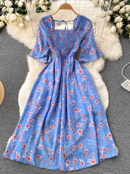 Sievietes Kleitu Modes Romantisku Ziedu Drukāt Šifona Vasaras Kleita Atvaļinājumu Sezonas Pusei Korejiešu Vestidos Beach Brīvdienu Svārki