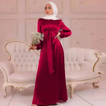 Sievietēm Musulmaņu Satīna Kleita Mīksts Elegants Cieta Gara Kleita Zaudēt Vidukli, Mežģīņu Augšu Gadījuma Elegants Puse Kleita Hijabs Meitenes S-2XL Drēbes