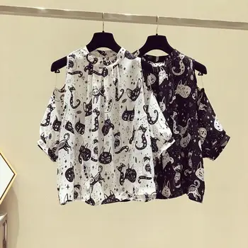 Sieviešu Vasaras T-krekls Top Brīvs Karikatūra Izdrukāt Pusi Piedurknes Pie Pleca O Kakla Dāmu Blūze Sieviešu Apģērbu blusa mujer moda 2023