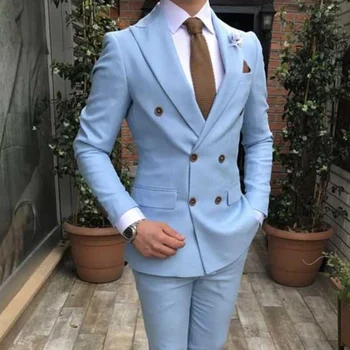 Slim fit Dubultā Krūtīm, Uzvalki Vīriešiem 2 gabals Gaiši Zils Kāzu Uzvalku Līgavainis ar savu maksimumu Sasniedza Custom Atloks Cilvēks Modes Kostīms
