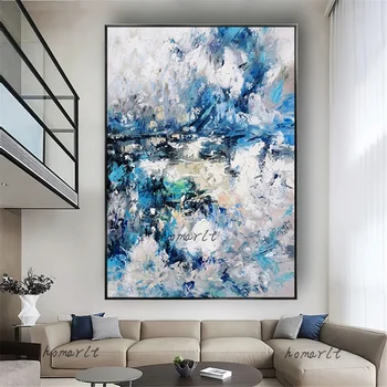 Smago Teksturētu Anotācija Eļļas Glezna White Blue Wave Attēla 100% Roku Krāsotas Sienas Apdares Akrils Audekls Mākslas Darbus