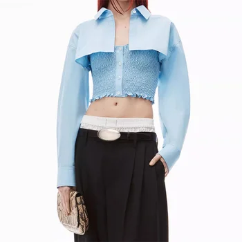 Stilīgs Stilīgu Sieviešu Blūze 2023 Vasarā Jaunu korejiešu Modes Kokvilnas Sieviešu Krekls Kroku Slim Viltus Divas Gabals ar garām Piedurknēm Augšu