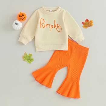 Toddler Meitenes Halloween Drēbes Nosaka Burtu Drukas Garām Piedurknēm Krekls Tīrtoņa Krāsu Elastīgs Uzliesmojuši Bikses Komplekti