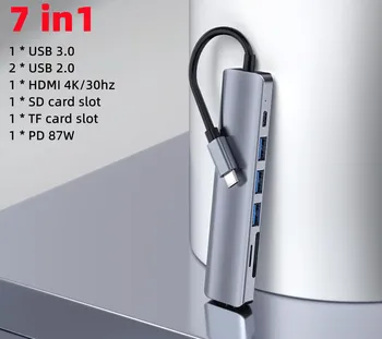 USB C Tips-C dokstacija Ar HDMI Savietojams Adapteris Hub USB 3.0 2.0 TF SD Lasītājs PD MacBook Pro datorā Gaisa Sadalītājs Konvertētājs