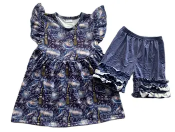 Vasaras Boutique Meitenes Tumši Zils Komplekts RTS Baby Girl Apģērbu FlutterSleeves Tunika un Bikses Kopa Cute Bērnu Apģērbu Vairumtirdzniecība