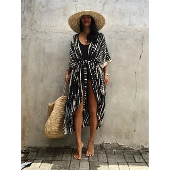 Vasaras Pludmales Cover Up Vintage Iespiesti Siksnas Kimono Peldkostīmi Long Cardigan Gadījuma Zaudēt Beachwear Tērpiem Peldkostīms Ietver Drēbes